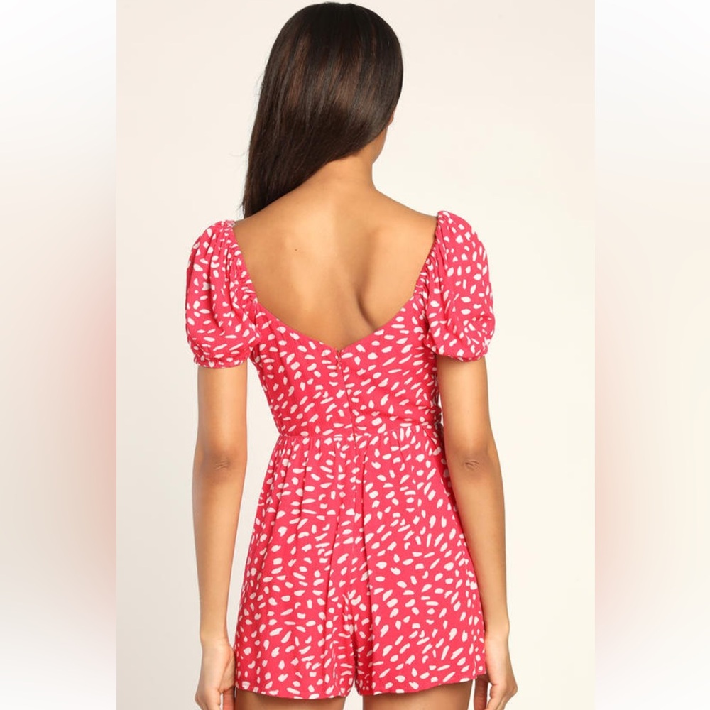 Lulu's Hey Sunny Red Dotted Short Sleeve Romper in Red - Picture 3 of 10